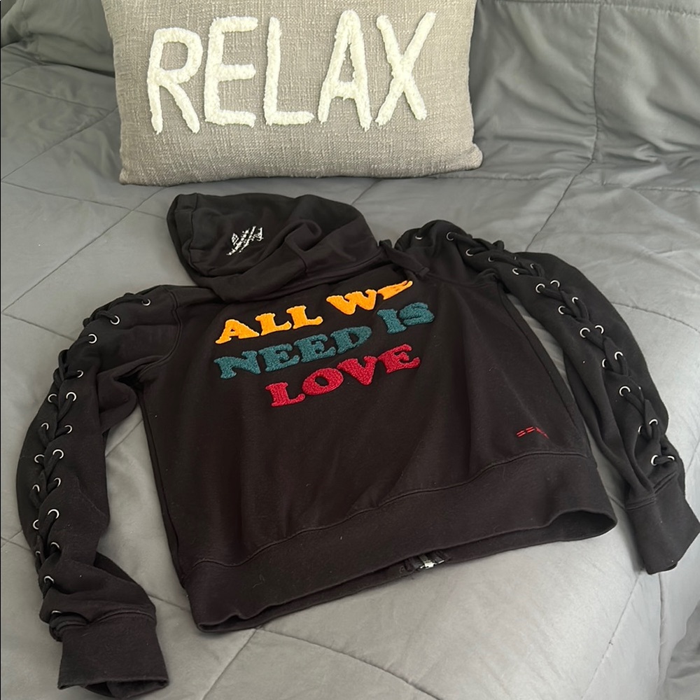 Peace Love World Black Hoodie Lace Sleeves All We Need Is Love Sweatshirt S Boho